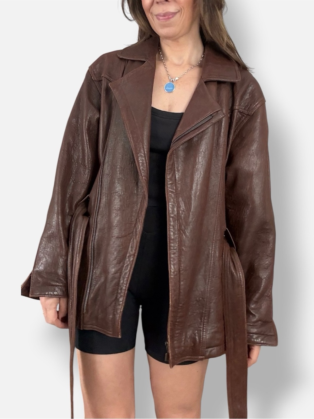 Vintage Brown Leather Belted Jacket - Women's Coat